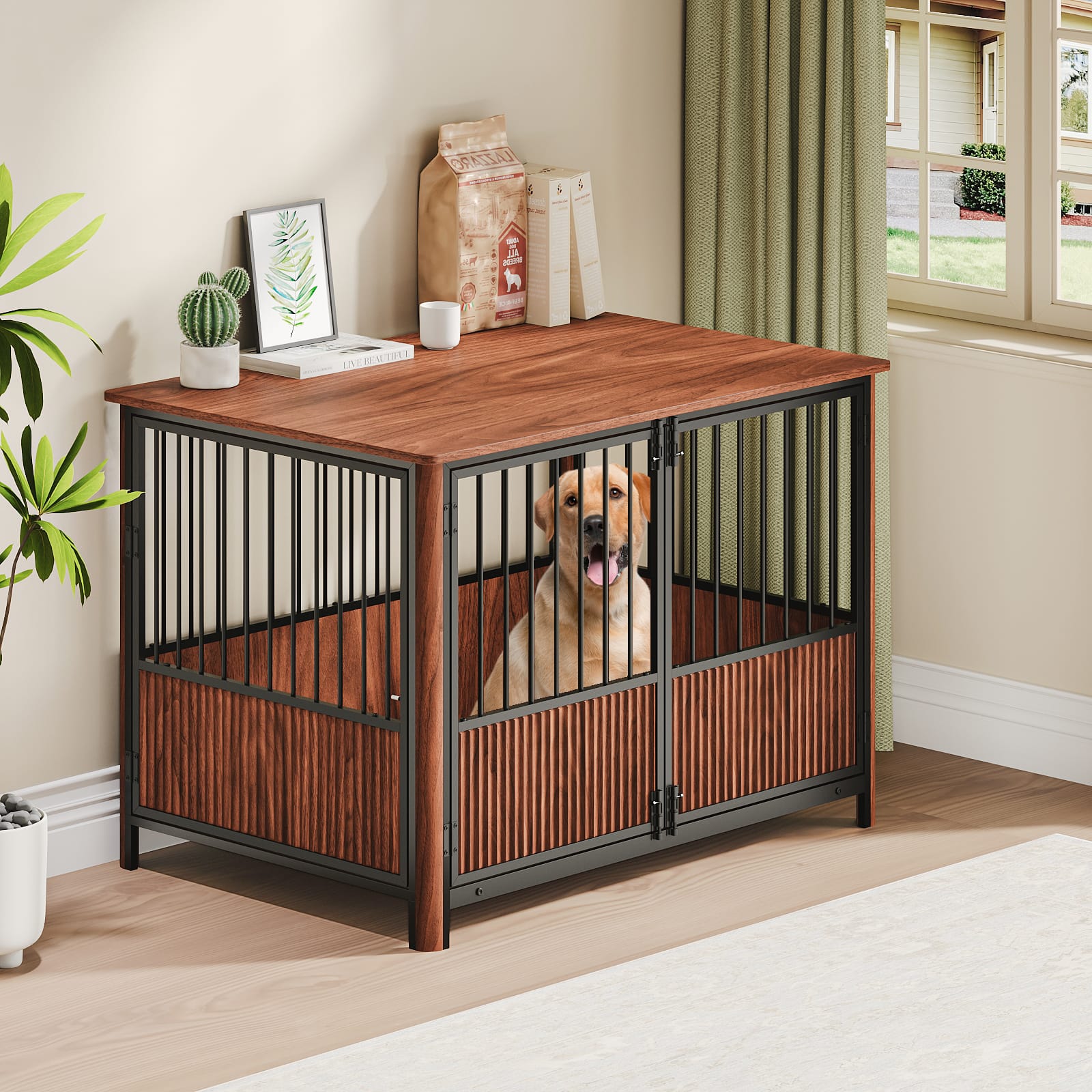 43'' Walnut Fluted Wood Dog Crate