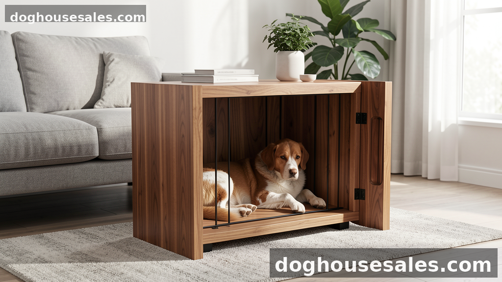 Dog crate furniture that looks like a stylish end table in a modern living room