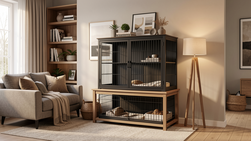 Dog cage furniture in a modern living room