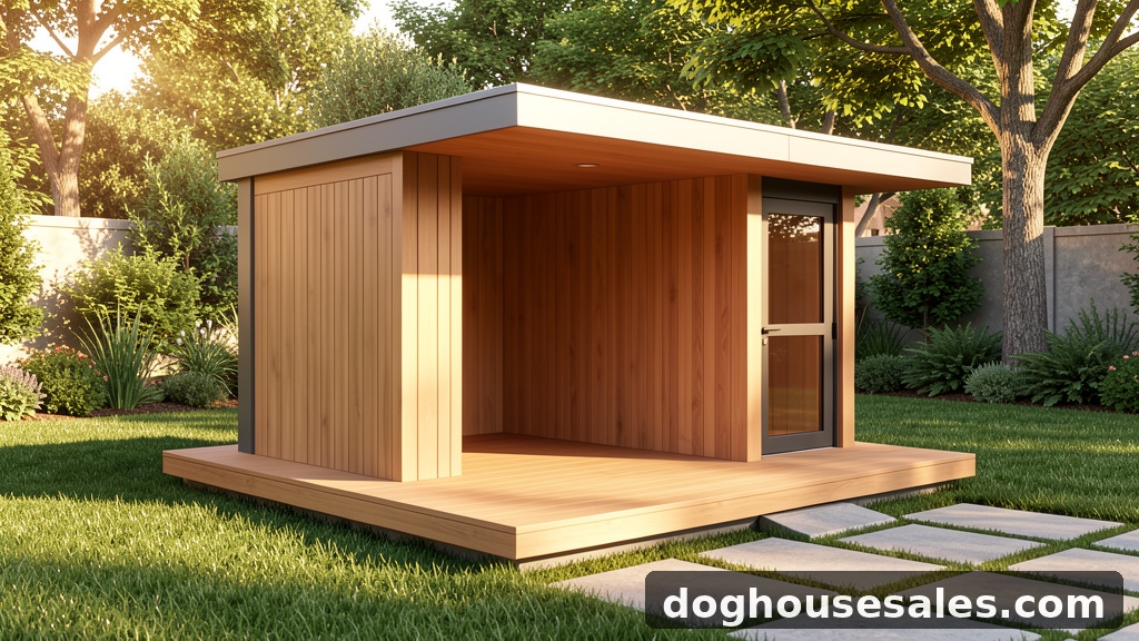 Modern dog house with clean contemporary design in backyard setting