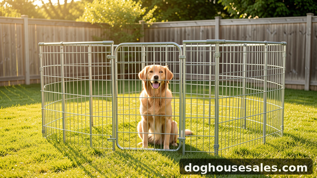 Outdoor Pet Pen - Dog Sitting in Metal Exercise Enclosure in Backyard