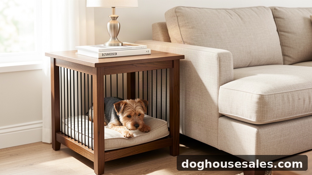 Casual Home pet crate end table - wooden dog crate end table beside a sofa with a terrier inside