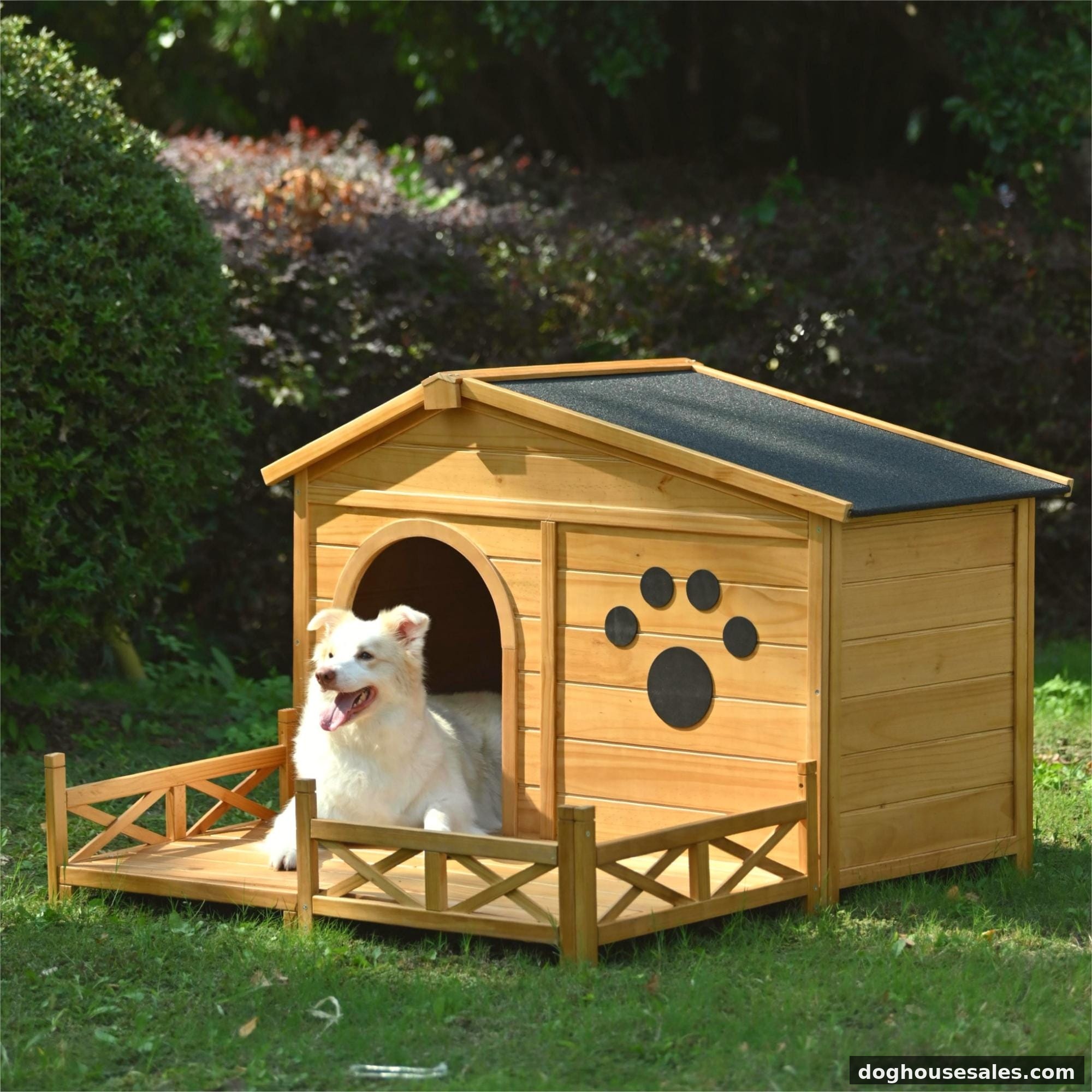 dog house with AC and heater - large wooden outdoor dog house with porch in a summer garden
