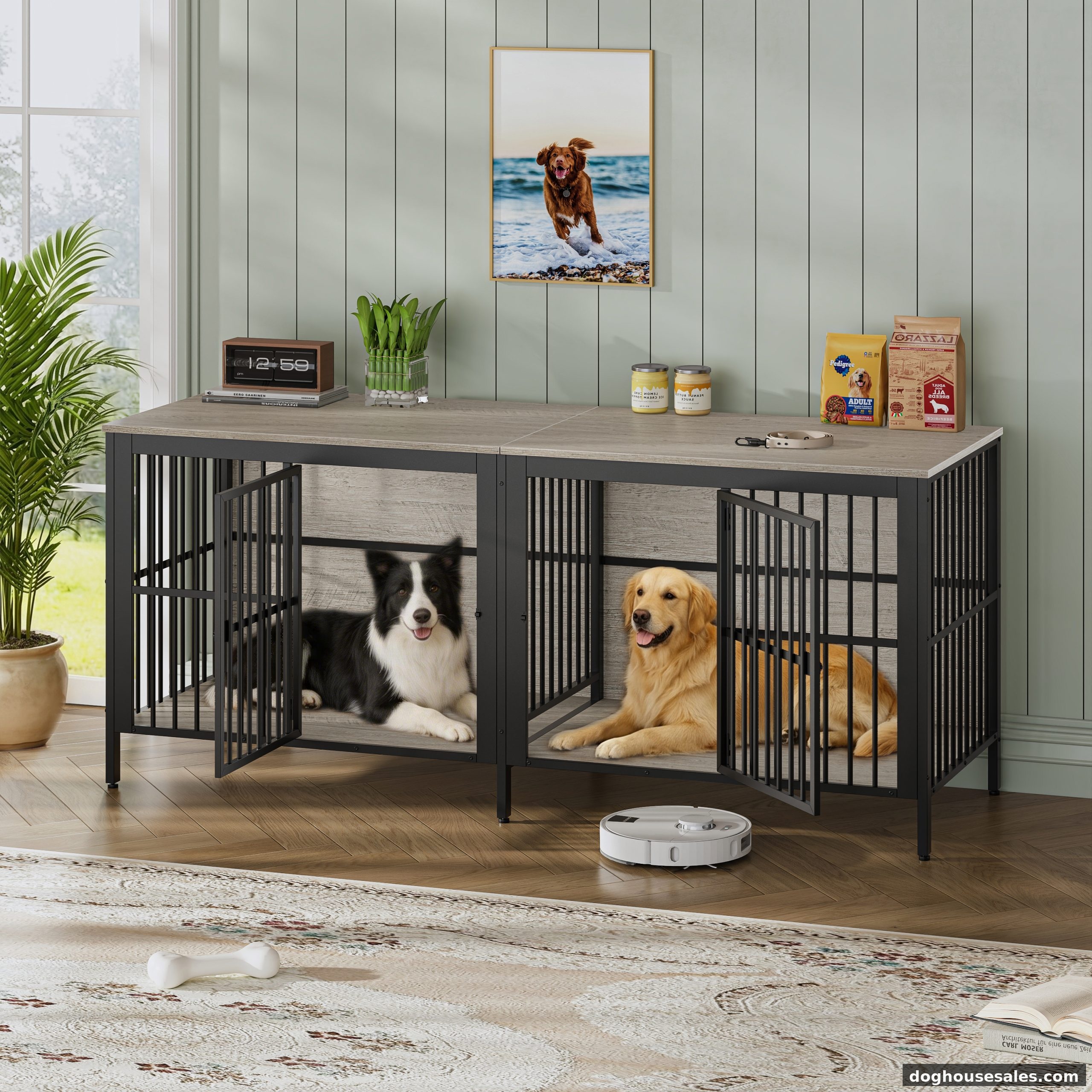 dog kennel end table - 80 inch dog crate end table with two dogs in a living room