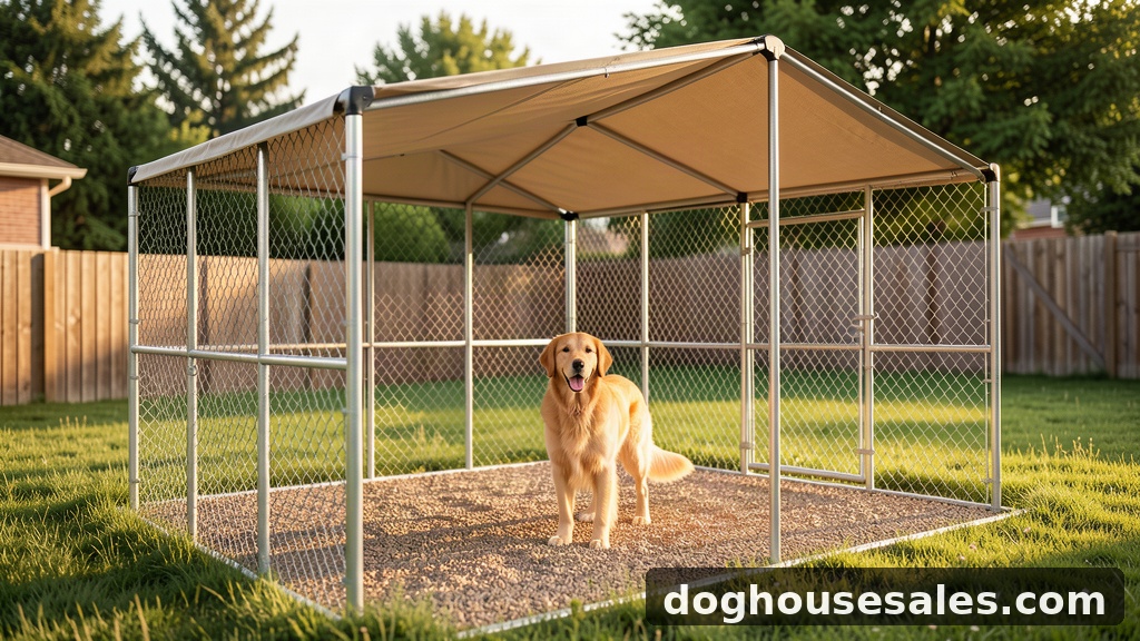 large outdoor dog kennel with roof - galvanized steel canopy kennel in a backyard with a golden retriever inside