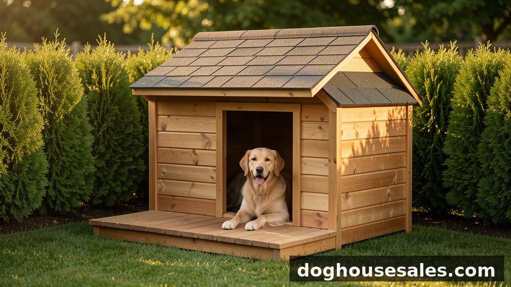 outdoor dog house - wooden weatherproof shelter with raised floor in a backyard