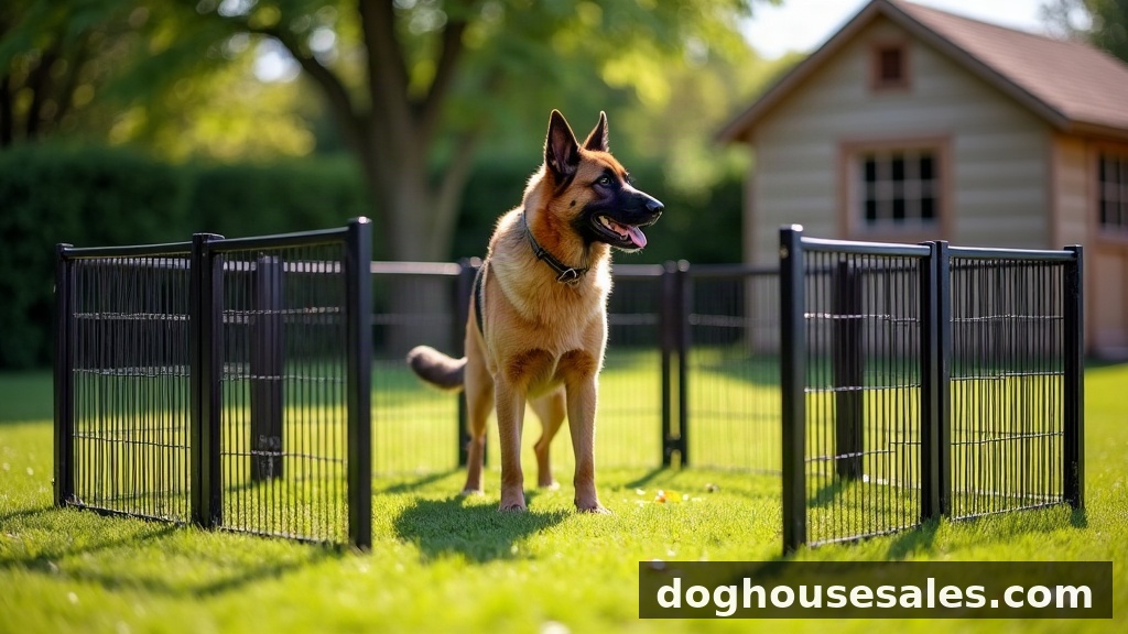 outdoor pet pen for large dogs - metal panel playpen on backyard grass with a German Shepherd