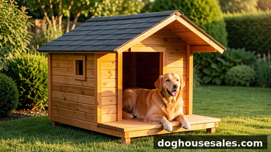 wooden dog house for outdoors - cedar dog house with raised floor and golden retriever